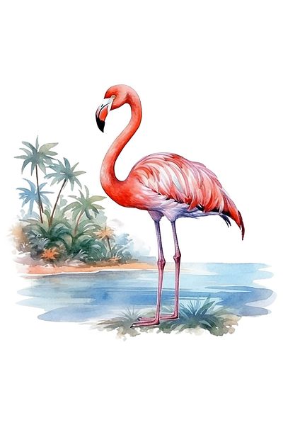 StoryGift Romania Adhesive Sticker 90CM with Flamingo bird, illustration, palm trees, pink, water, lake, herbs, plants,