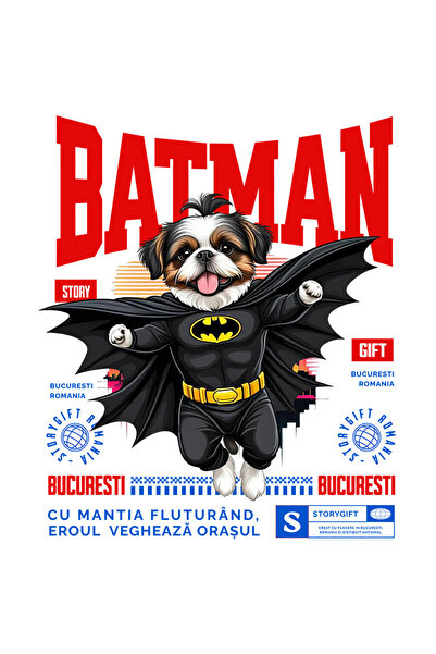 StoryGift Romania Sticker Autocolant 70CM cu Shih Tzu Caine In Costum de BatMan cu Pelerina, Erou Nocturn, Desen