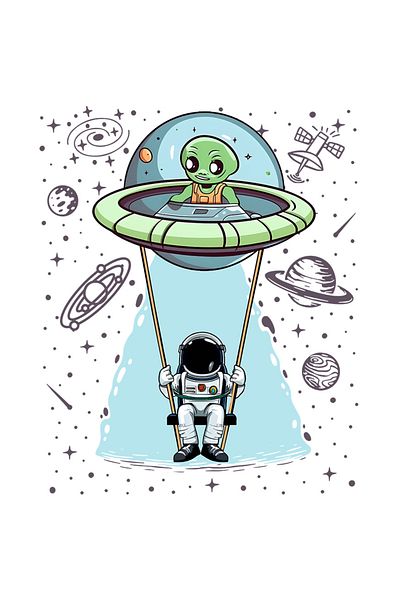 StoryGift Romania Sticker Eticheta 50CM cu un astronaut care se da intr-un leagan atasat de o farfurie zburatoar