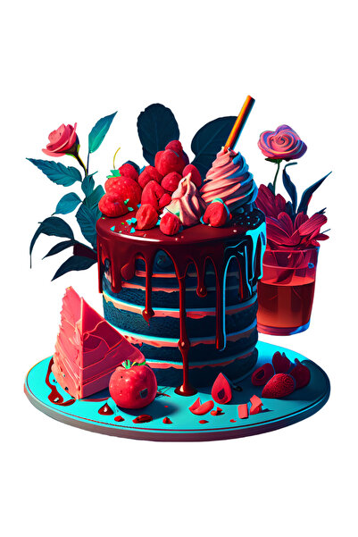 StoryGift Romania Sticker Eticheta 40CM Cu Tort, Prajitura, Capsuni, Flori, cu Margini Albe, PVC Vinyl 40 cm