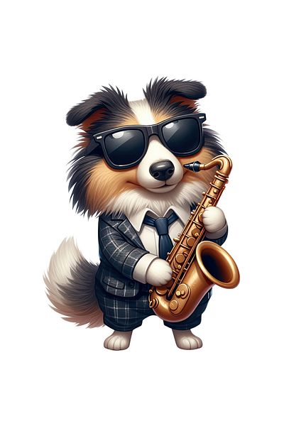 StoryGift Romania Sticker Adeziv 90CM cu un caine cu ochelari care tine un saxofon, concert, eveniment, instrume