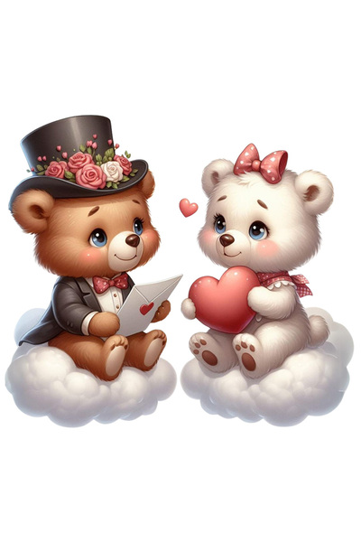 StoryGift Romania Sticker Autocolant 70CM cu o ursoaica si un urs care stau pe norisori, ilustratie, inimioare,