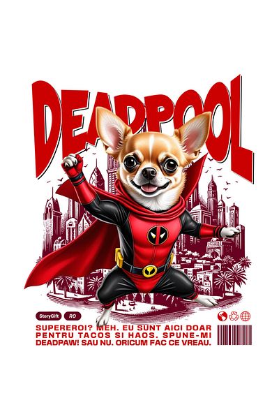 StoryGift Romania Sticker Adeziv 90CM cu Chihuahua Caine In Costum de DeadPool cu Pelerina, Erou Nocturn, Desene