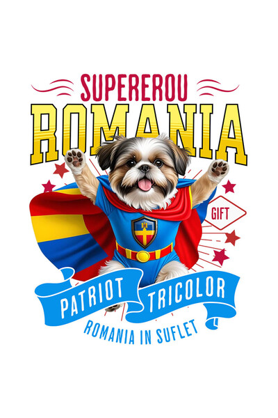 StoryGift Romania Sticker Label 50CM with Shih Tzu Dog in Captain Romania Costume with Cape, Night Hero