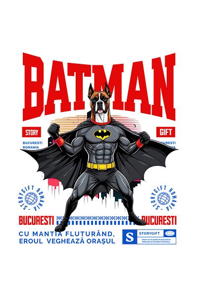 StoryGift Romania Sticker Eticheta 50CM cu Boxer Caine In Costum de BatMan cu Pelerina, Erou Nocturn, Desene ani