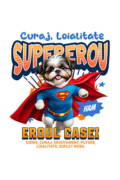 StoryGift Romania Sticker Cu Shih Tzu Caine In Costum De Superman Cu Pelerina, Erou Nocturn, Desene Animate,
