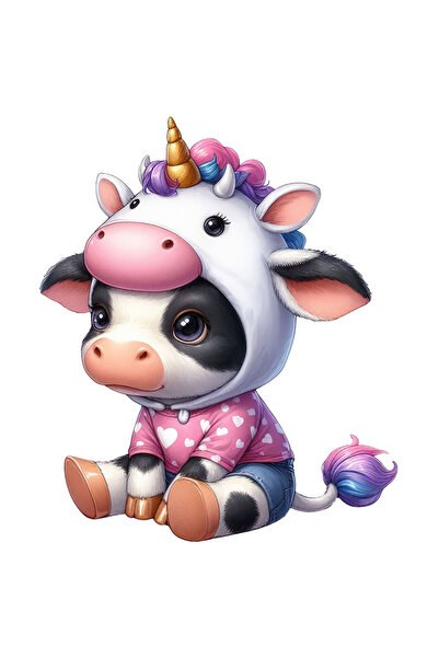 StoryGift Romania Sticker Autocolant 70CM cu o vacuta cu o caciulita de unicorn, ilustratie, bluza cu inimioare,