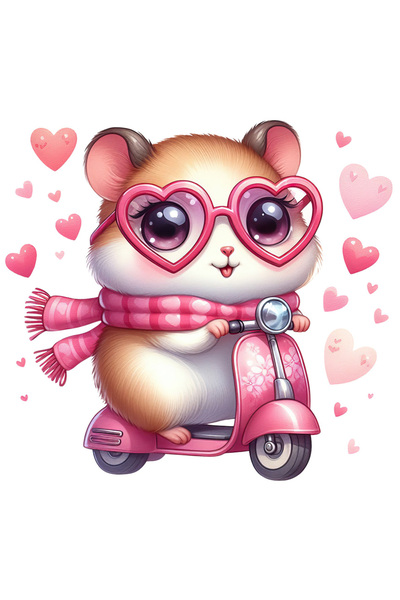 StoryGift Romania Sticker Autocolant 70CM cu un hamster care merge cu scuterul, ilustratie, inimioare, ochelari,