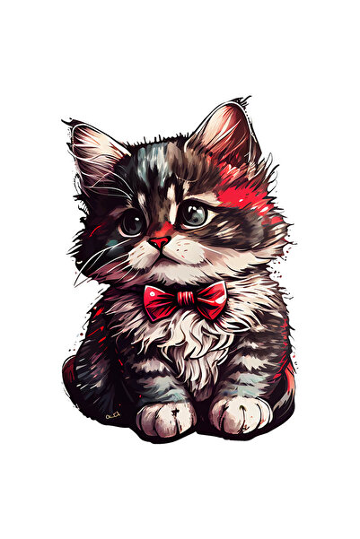 StoryGift Romania Sticker Eticheta 50CM Cu Pisica Mica Pufoasa Cu Papion Rosu...