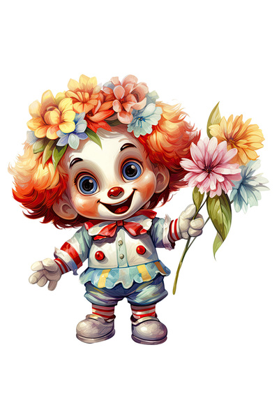 StoryGift Romania Sticker Eticheta 40CM cu un baietel clovn, ilustratie, tine niste flori, joker, amuzament, com