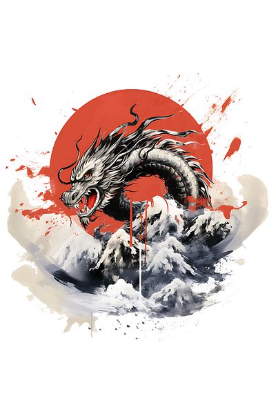 StoryGift Romania Sticker Autocolant 70CM cu un dragon chinezesc, ilustratie, cerc rosu, iese din apa, mare, fur