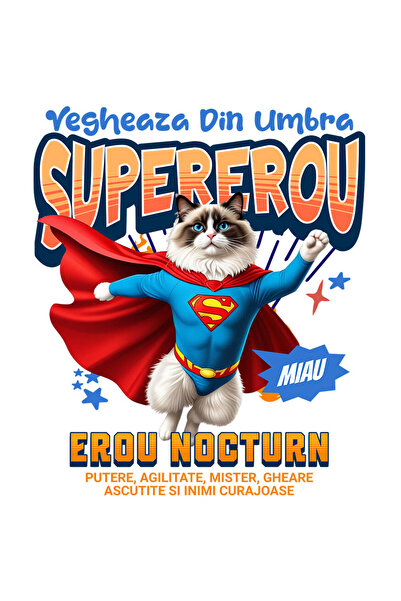 StoryGift Romania Sticker Adeziv 90CM cu Ragdoll Pisica In Costum de SuperMan cu Pelerina, Erou Nocturn, Desene
