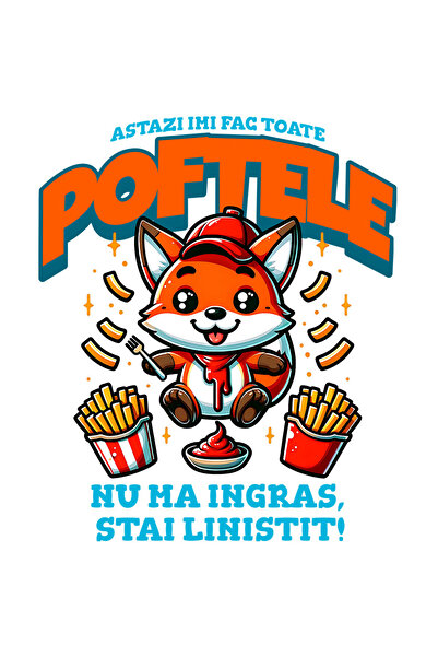 StoryGift Romania Sticker Eticheta 40CM cu Vulpe Cu Sapca Rosie Cartofi Prajiti Si Sos Text Haios Astazi Imi fac