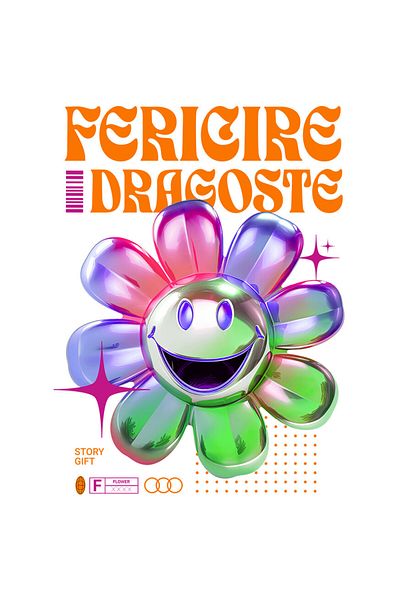 StoryGift Romania Sticker Autocolant 70CM cu Floare Colorata Vesela Text Fericire dragoste Natura cu Margini Alb