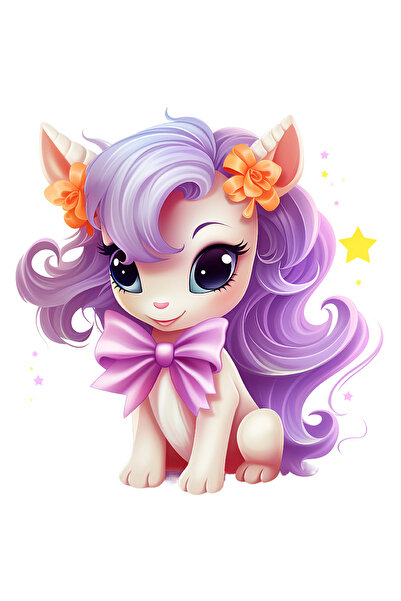 StoryGift Romania Sticker Eticheta 40CM cu un ponei, ilustratie, coama lunga, mov, stelute, funda, fericire, pen