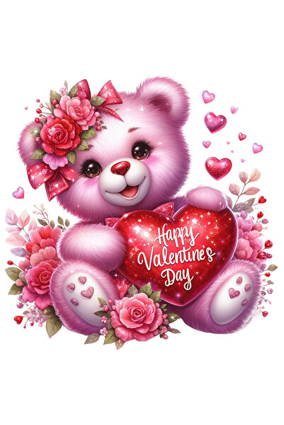 StoryGift Romania Sticker Eticheta 50CM cu o ursoaica de plus vesela, ilustratie, tine o inima cu mesajul "Happy