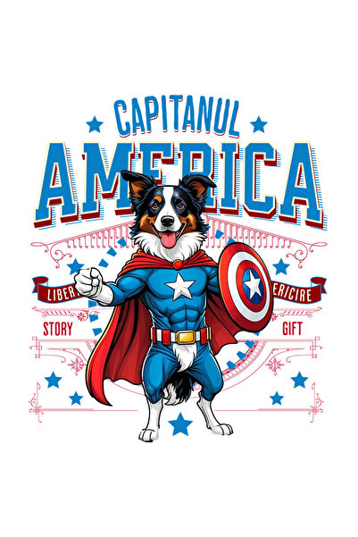 StoryGift Romania Sticker Label 50CM with Border Collie Dog in Captain America Costume with Cape, Hero No