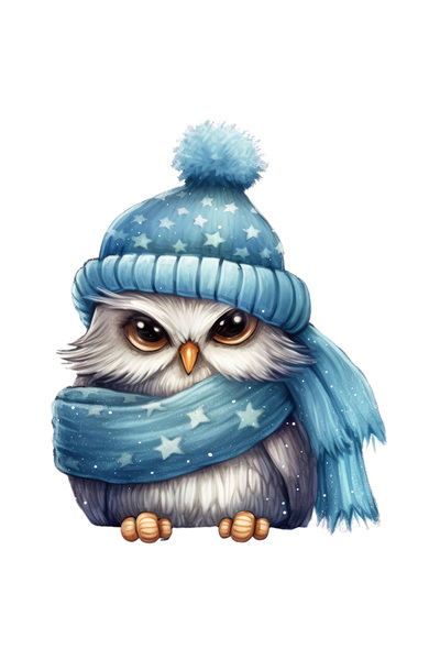 StoryGift Romania Sticker Autocolant 70CM cu o bufnita cam furioasa, ilustratie, caciula, fular, frig, somnoroas