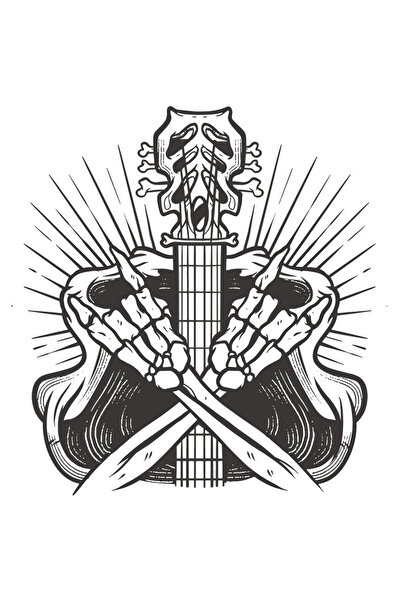 StoryGift Romania Sticker Autocolant 70CM Cu Chitara Electrica, Brate Schelete, Trupa Roc, Rock & Roll, Muzica R