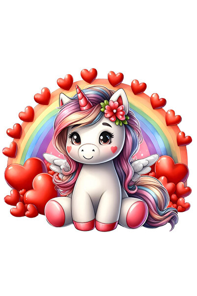 StoryGift Romania Sticker Eticheta 40CM cu un unicorn vesel, inimioare, flori...