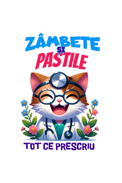 StoryGift Romania Sticker Eticheta 40CM Adeziv Pisica Doctor Vesela Text Haios Zambete Si Pastile Tot Ce Presciu