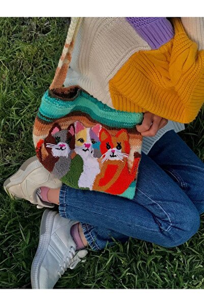HanimLoop Kedi Figürlü Renkli Örgü Omuz Çantası