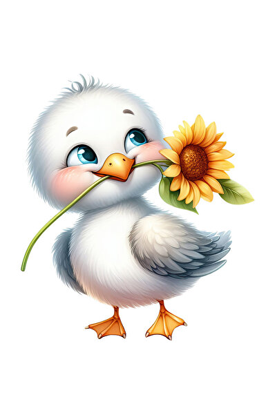 StoryGift Romania Sticker Adeziv 90CM cu un puisor alb care tine o floare in cioc, ilustratie, floarea-soarelui,