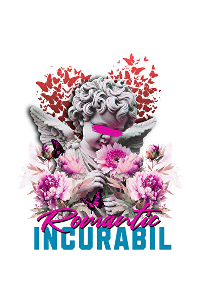 StoryGift Romania Sticker Adeziv 90CM cu Inger Statuie Copil Cu Flori Roz Text Romantic Incurabil, Valentine's D