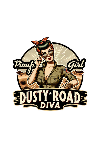 StoryGift Romania Sticker Eticheta 40CM cu mesajul "Pinup girl, dusty road diva", ilustratie, stil retro, vechi,