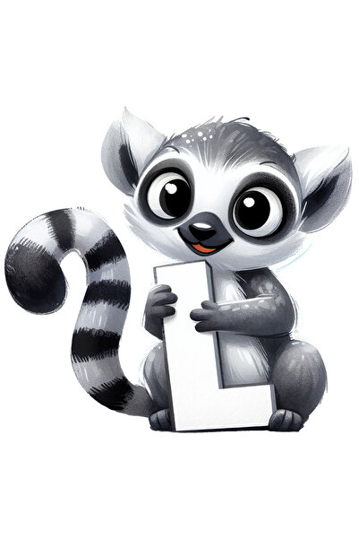 StoryGift Romania Sticker Eticheta 50CM cu un animalut care tine litera "L", ilustratie, pentru copii, scoala, e