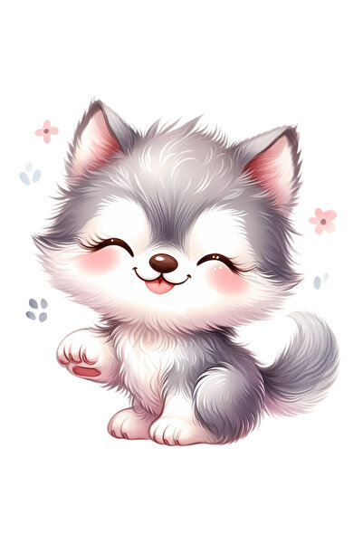 StoryGift Romania Sticker Eticheta 50CM cu un pui de lup foarte vesel, ilustr...