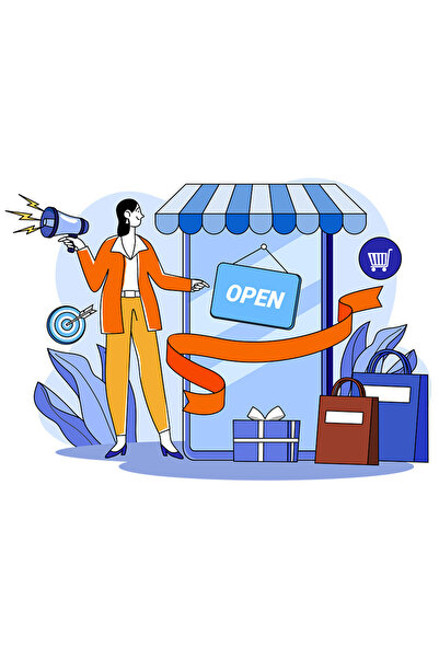 StoryGift Romania Sticker Eticheta 40CM Cu Magazin, Deschidere, Megafon, Afacere, Panglica, cu Margini Albe, PV