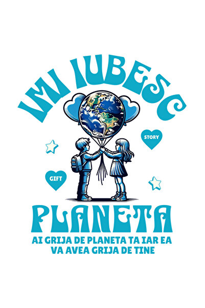 StoryGift Romania Sticker Autocolant 70CM cu Cuplu Copii Balon Aer Cald Planeta Pamant Text Imi Iubesc Planeta P