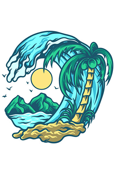 StoryGift Romania Sticker Adeziv 90CM Cu Plaja: Ocean, Valuri, Munte, Soare, Palmieri, cu Margini Albe, PVC Vin