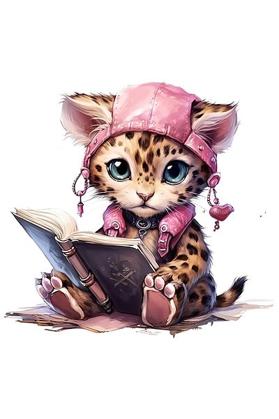 StoryGift Romania Sticker Label 50CM with a tiger cub holding an open book, illustration, surprised, lesson
