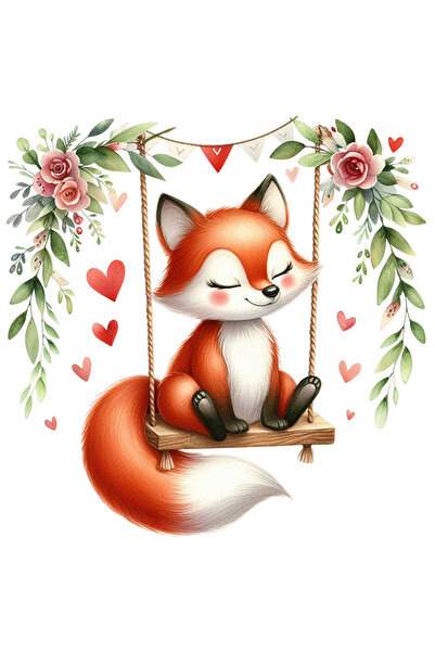 StoryGift Romania Sticker Adeziv 90CM cu o vulpita care se da in leagan, ilustratie, inimioare, iubire, joaca, c