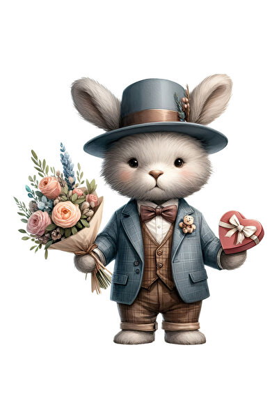 StoryGift Romania Sticker Adeziv 90CM cu un iepure la costum care tine un buchet cu flori si o cutie cu bomboane