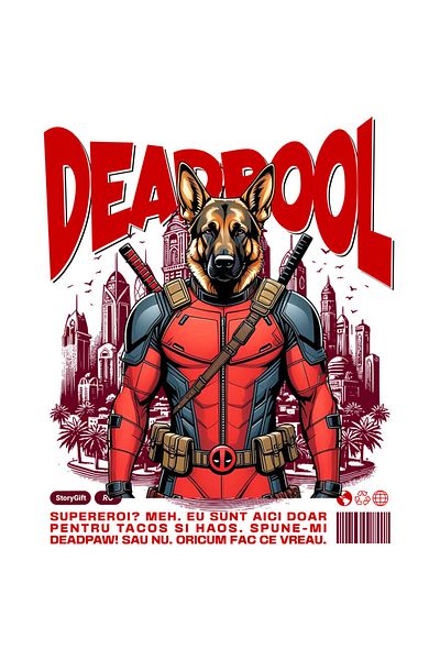 StoryGift Romania Sticker Autocolant 70CM cu Ciobănesc German / German Shepherd Caine In Costum de DeadPool cu P