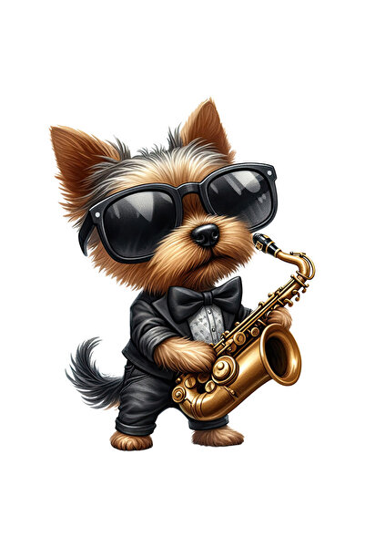 StoryGift Romania Sticker Autocolant 70CM cu un catel de talie mica, ilustratie, blanos, canta la saxofon, ochel