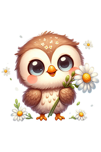 StoryGift Romania Sticker Autocolant 70CM cu un pui de bufnita care tine o floare, floricele albe, natura, desco