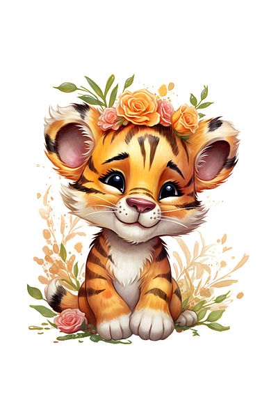 StoryGift Romania Sticker 70CM with a cheerful tiger cub, illustration, in nature, flowers, plants, greenery