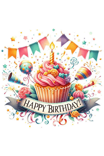 StoryGift Romania Sticker Eticheta 50CM cu o briosa cu o lumanare aprinsa, ilustratie, mesajul "Happy birthday",