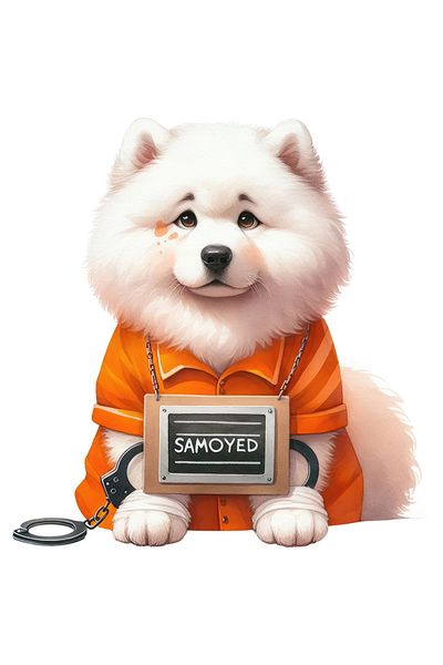 StoryGift Romania Sticker with a Samoyed puppy, illustration, in prison, sad, handcuffs, prisoner uniform, prison guard