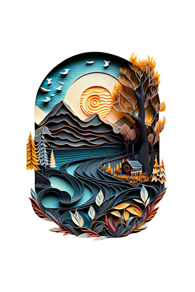 StoryGift Romania Sticker Adeziv 90CM Cu Munte, Arta Abstracta, Hartie, Soare, Rau, Copac, cu Margini Albe, PVC