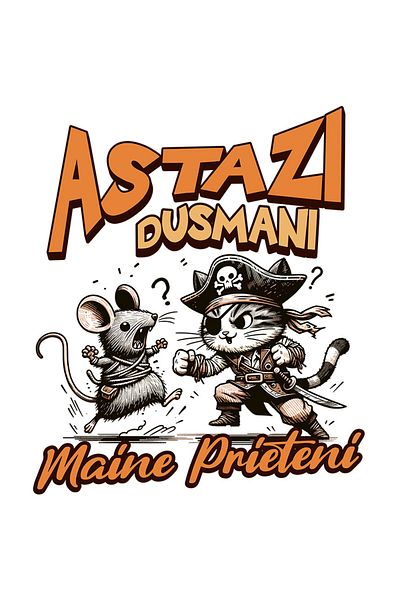 StoryGift Romania Adhesive Sticker 90CM with Pirate Cat and Mouse Fight Text Today Enemies Tomorrow Friends, drawings