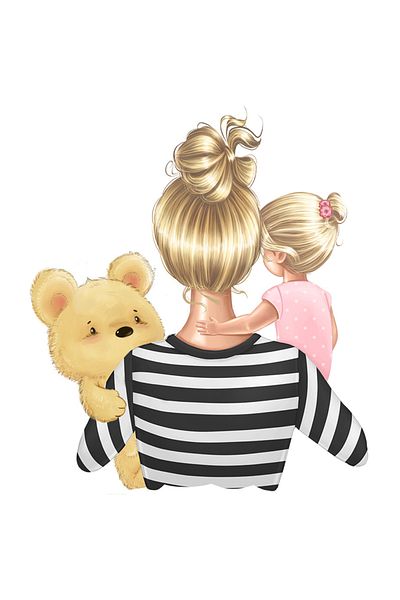 StoryGift Romania Sticker Eticheta 40CM cu o mama care isi tine fetita in brate, ilustratie, urs de plus, iubire