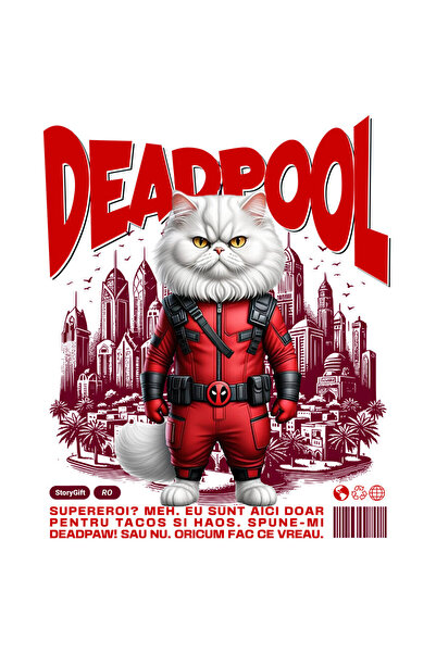 StoryGift Romania Sticker Autocolant 70CM cu Persan / persian Pisica In Costum de DeadPool cu Pelerina, Erou Noc