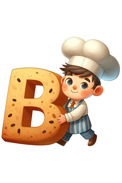 StoryGift Romania Sticker Eticheta 40CM cu un brutar care tine litera "B", ilustratie, scoala, palarie, alfabet,