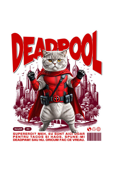 StoryGift Romania Sticker Autocolant 70CM cu Scottish Fold Pisica In Costum de DeadPool cu Pelerina, Erou Noctur