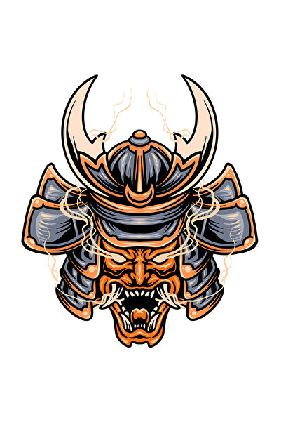 StoryGift Romania Sticker Autocolant 70CM Cu Masca, Samurai, Oni, Demon, Casca, Fum, Asiatic, cu Margini Albe,